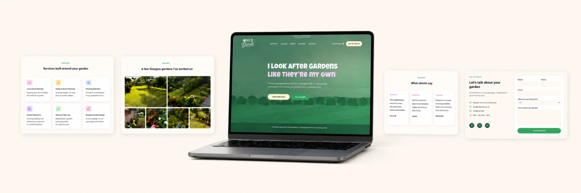 Only Dan's Garden website design for a Glasgow gardener, showing the homepage, services, gallery, testimonials and contact sections on a laptop mockup
